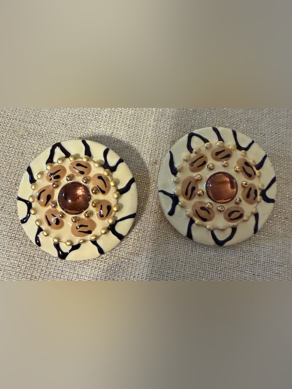 Gucci Cream, Black and Gold Sunburst Button Earrings
